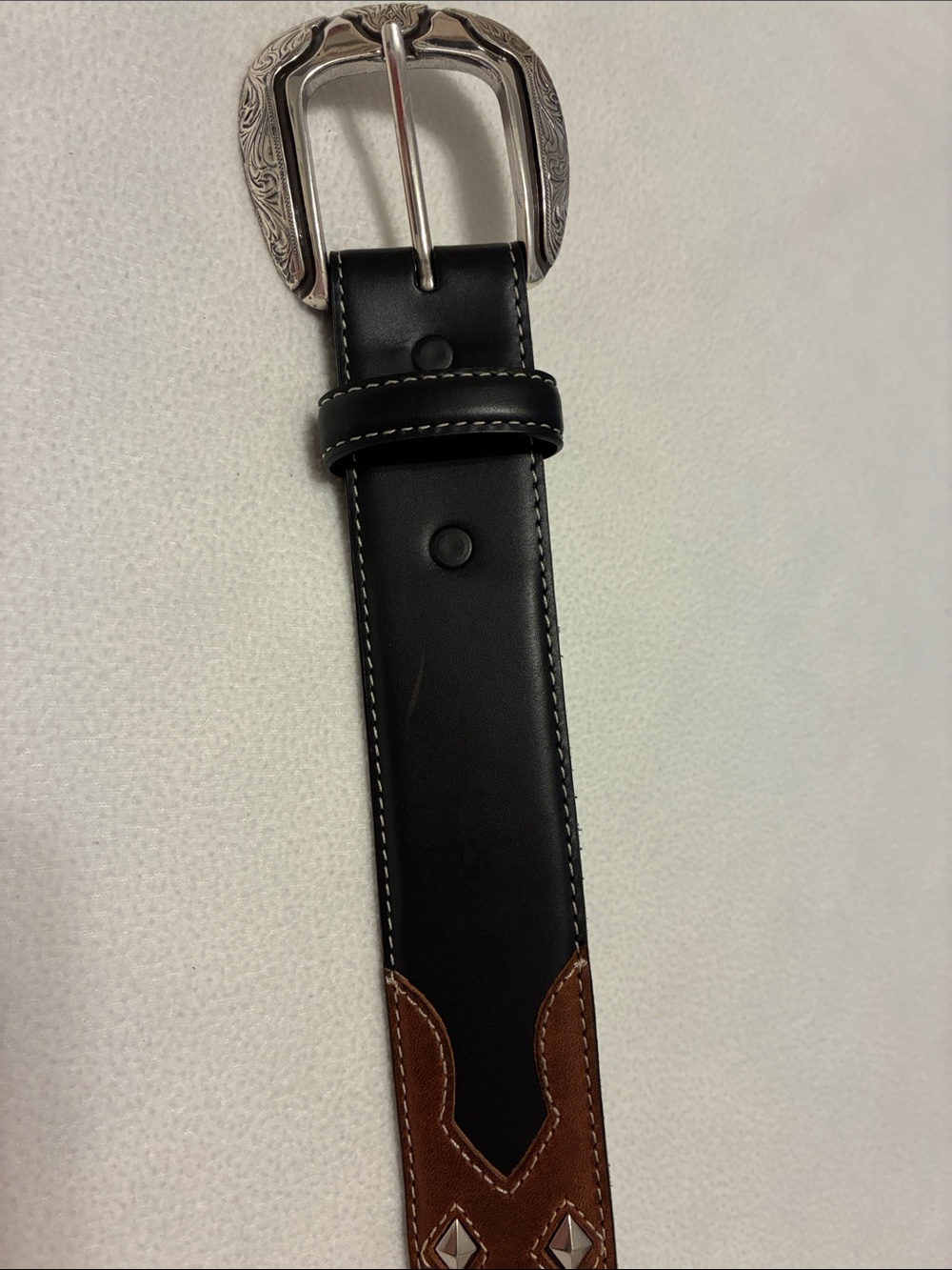 Justin Boots Black and Brown Leather Belt with Silver Buckle - Picture 2 of 5